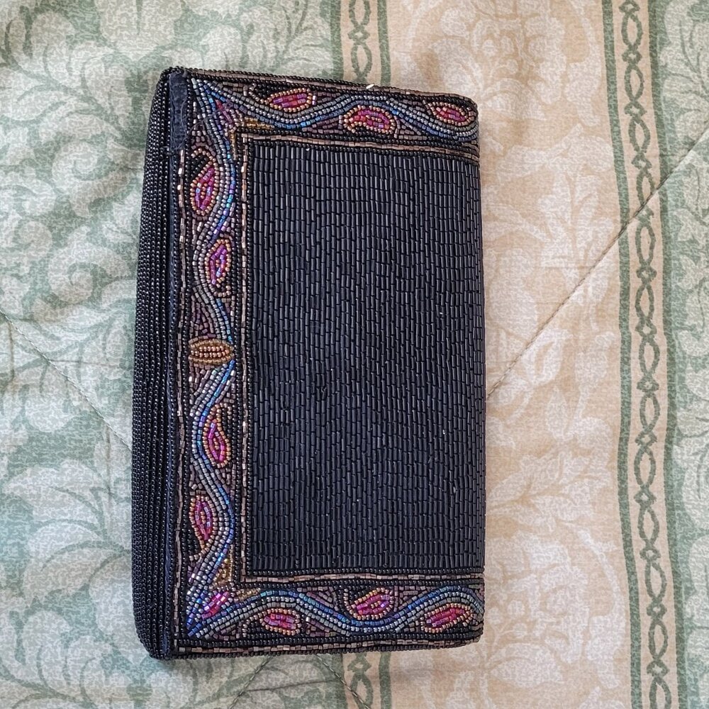 Walborg black beaded evening clutch purse with a multicolored ornate border